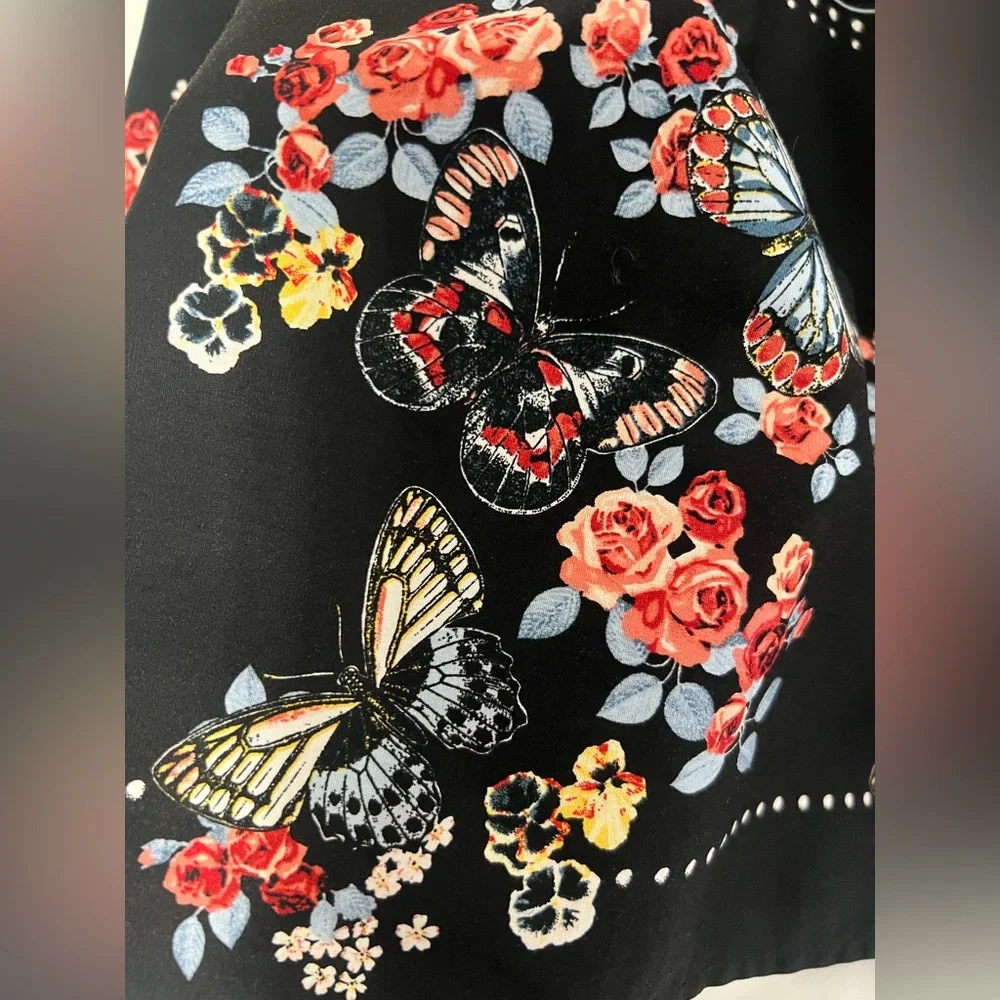 Hell Bunny Retro Butterfly Floral Pleated Midi Skirt Black Cotton Vintage Pinup